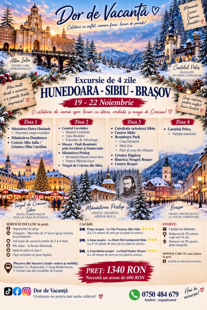 Afișul integral al excursiei Hunedoara – Sibiu – Brașov | Istorie și magie de Crăciun